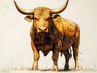 Powerful longhorn bull standing in aggressive pose with large curved horns and muscular body, artistic golden-brown sketch style illustration on light background.