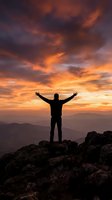 Male hiker silhouette with raised arms celebrating success on mountain peak against dramatic orange sunset sky with layered clouds and distant ranges.