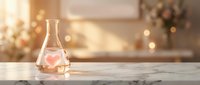 Glass flask with pink liquid on marble counter in warm bokeh kitchen laboratory setting for scientific research and experimentation concepts.