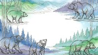 Watercolor wilderness frame with bears in forest landscape. Mountain scenery border design for nature themed projects and outdoor adventure content.