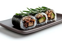 Fresh sushi rolls with eel, avocado, cucumber and sesame seeds garnished with rosemary sprig served on gray ceramic plate against white background.