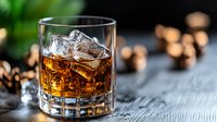 Whiskey glass with ice cubes on wooden table surrounded by scattered nuts creating warm atmospheric lighting for bar and restaurant concepts.