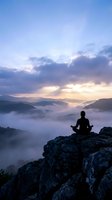 Person meditating on mountain cliff at sunrise with misty valleys below and dramatic cloudy sky for wellness and mindfulness concepts.