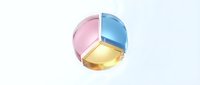 Colorful glossy sphere divided into three segments in pink blue and yellow colors on white background for business presentations and data visualization.