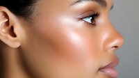 Side profile showcasing glowing skin with dewy makeup, highlighting natural beauty and professional cosmetic application technique. Soft lighting emphasizes facial contours.