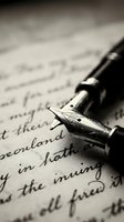 Fountain pen with ornate nib resting on handwritten manuscript page, monochrome composition capturing writing instrument detail for literature, journalism, and creative writing concepts.