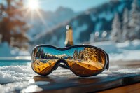 Ski goggles reflecting golden sunlight on snowy mountain landscape with pine trees and peaks, capturing winter sports atmosphere.