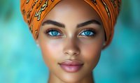 Young woman with striking blue eyes wearing orange head wrap against turquoise background, close up portrait showcasing natural makeup and confident expression.