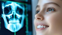 Young woman with light skin tone and blue eyes examining a glowing blue skull X-ray scan on a digital display screen in a medical or dental laboratory setting.