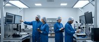 Medical team of diverse surgeons in blue scrubs working together in modern operating room with advanced equipment and sterile environment for healthcare procedures.