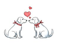 Two adorable white puppies with red collars sitting face to face with floating hearts above them on transparent background for romantic designs.