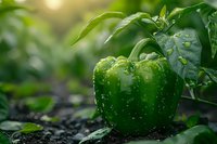 Fresh green bell pepper growing in organic garden with water drops on surface, natural morning light and dark soil background, healthy vegetable close-up.