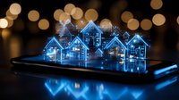 Glowing blue holographic houses emerging from smartphone screen with bokeh background, representing digital real estate and smart home technology concept.