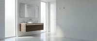 Modern minimalist bathroom interior with floating wooden vanity, vessel sink and large mirror in bright white space with natural lighting for contemporary home design.