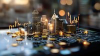 Futuristic cityscape with glowing circuit board base and stacks of gold coins, representing financial technology and digital banking in modern urban environment.