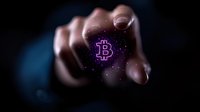 Glowing purple cryptocurrency bitcoin symbol floating with sparkles and particles, touched by reaching hand against dark background. For finance concepts.