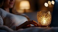 Cozy evening atmosphere with glowing decorative candle holder casting warm light patterns while person relaxes with laptop in soft sweater at home.