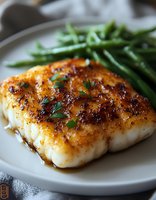Seared cod fillet with golden crust and fresh green beans on white plate, garnished with herbs for fine dining and restaurant menu use.