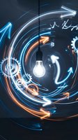 Glowing light bulb suspended amid swirling neon arrows and gears in blue and orange, symbolizing innovation, ideas, and business growth for corporate design projects.