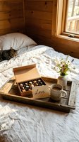 Cozy cabin bedroom with breakfast tray, open chocolate box, love note, coffee mug, wildflowers, and a cat resting on white linen bed.