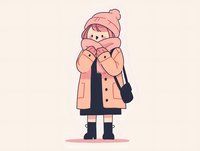 Cute cartoon character in winter attire wearing pink hat, scarf and beige coat, standing in cozy pose against light background. Suitable for children's illustrations.