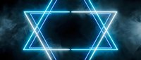 Glowing neon Star of David symbol with bright cyan blue light tubes on dark smoky background, suitable for religious, spiritual, and cultural design projects.