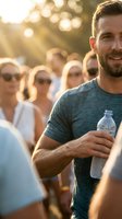 Smiling Caucasian man holding water bottle at outdoor community event with golden sunset light and blurred crowd background for healthy lifestyle concepts.