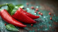 Fresh red chili peppers with water drops and mint leaves on dark wooden background, dramatic lighting creates appetizing mood for food photography.