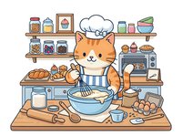Cute orange cat chef wearing white chef hat and blue striped apron, mixing ingredients in bowl surrounded by baking tools, ingredients, and kitchen equipment on wooden counter with shelves.