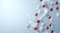 Molecular structure visualization with red and white spheres connected by mesh ribbon on light blue background. Scientific concept for chemistry or biology.