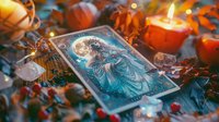 Mystical tarot card with ethereal female figure illuminated by candlelight, surrounded by autumn leaves, crystals and glowing orange pumpkins in magical setting.