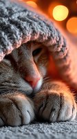 Adorable orange tabby cat wearing cozy knitted winter hat sleeping peacefully with paws tucked under chin in warm golden bokeh light creating magical atmosphere.