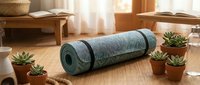 Green yoga mat rolled up on bamboo floor in bright living room with succulents and natural lighting for home fitness and wellness practice.