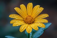 Vibrant yellow daisy flower with water droplets on petals against blurred dark background, macro photography showing detailed dewdrops and flower texture.
