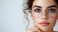 Young Caucasian woman with round glasses and natural makeup poses confidently, showcasing elegant eyewear style on light background.
