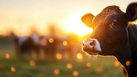 Young black dairy cow head in profile against golden sunset light with bokeh effect and blurred farm background, close up portrait of cattle at dusk.