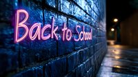 Pink neon Back to School sign glowing on dark brick wall at night. Educational concept for student return, academic year beginning, learning motivation.