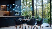Smart kitchen interior with holographic interface showing connected appliances and IoT technology in modern home with panoramic forest view and dining area.