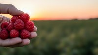 Fresh ripe raspberries in cupped hands at golden hour sunset over agricultural field. Organic berry harvest concept for healthy eating and farming.