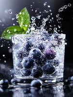 Fresh blueberries splashing in sparkling water with ice cubes and mint leaf, dynamic drink photography with water drops and motion capture on dark background.