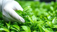 Scientist hand in protective glove examining young green plant seedlings in agricultural laboratory. Research of organic farming and crop development.