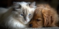 Adorable fluffy kitten and golden puppy cuddling together on soft blanket. Perfect friendship between cat and dog showing love and companionship at home.