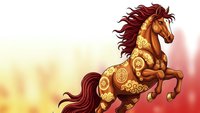 Ornate golden horse with decorative patterns leaping through warm gradient background. Fantasy equine art with intricate details for creative projects.