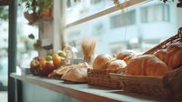 Fresh baked bread and pastries displayed in wicker baskets at cozy bakery cafe with warm natural lighting and window view for food business marketing.