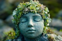 Serene stone garden statue with closed eyes wearing crown of green succulent plants and moss, creating peaceful outdoor meditation atmosphere.