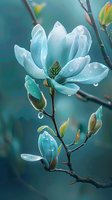 Fresh magnolia flower with water drops on turquoise petals against blurred background, morning dew creates magical atmosphere in spring garden.