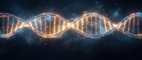 Glowing DNA double helix strand with golden light particles on dark cosmic background, symbolizing genetics, biotechnology, and scientific research.