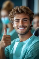 Young Caucasian male medical student with curly hair giving thumbs up gesture, smiling confidently in hospital setting with healthcare team background.