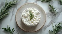 Fresh cottage cheese garnished with green rosemary sprigs on ceramic plate over marble background, dairy product styling for healthy eating and cooking.