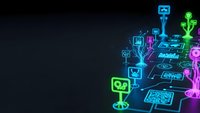Digital technology network with glowing neon icons and connecting pathways on dark background for modern business presentations and tech concepts.